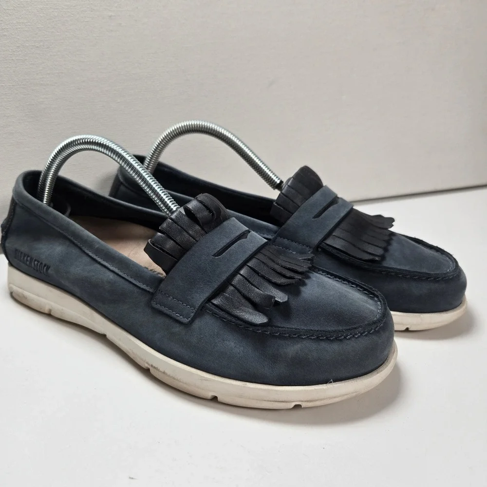 Birkenstock Saitama Moccasins Womens 40‎ Navy Blue Leather Fringe Loafers Shoes